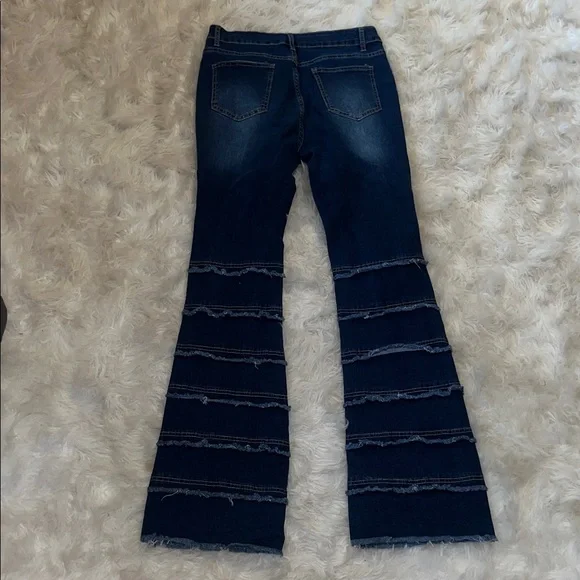 Dark Blue Ripped Flare Jeans with Layered Frayed Panels - Picture 3 of 3